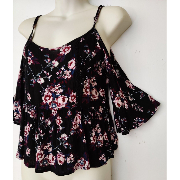 Chloe & Katie Womens Cold Shoulder Black Floral Blouse Short Sleeve Rayon SZ SM - Picture 4 of 9